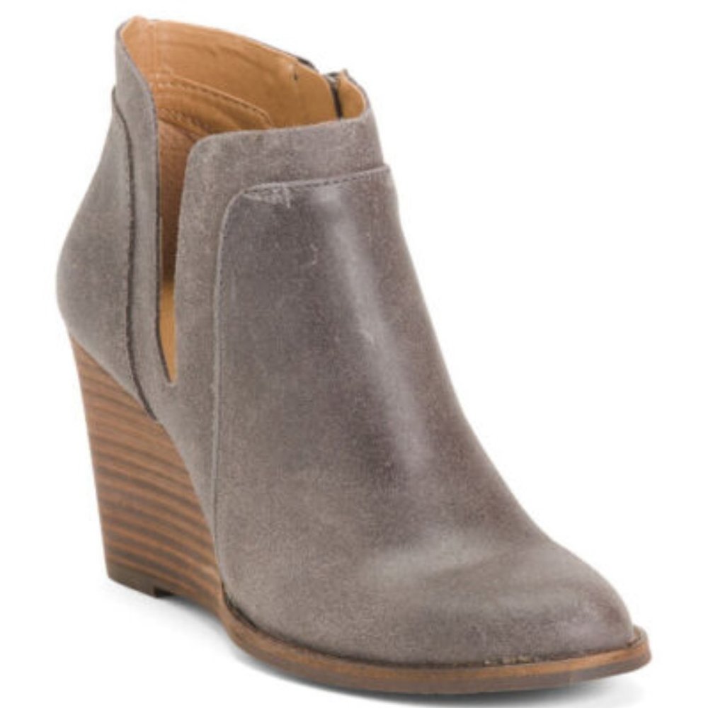 SOLD   Lucky Brand Women's Yabba Ankle  Storm Grey Leather Wedge  Booties  sz 11